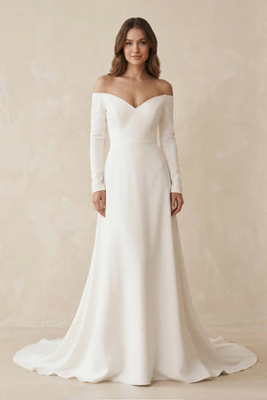 Off - the - Shoulder A - Line Satin Wedding Dress in White - KISS BRIDAL Wedding Dresses