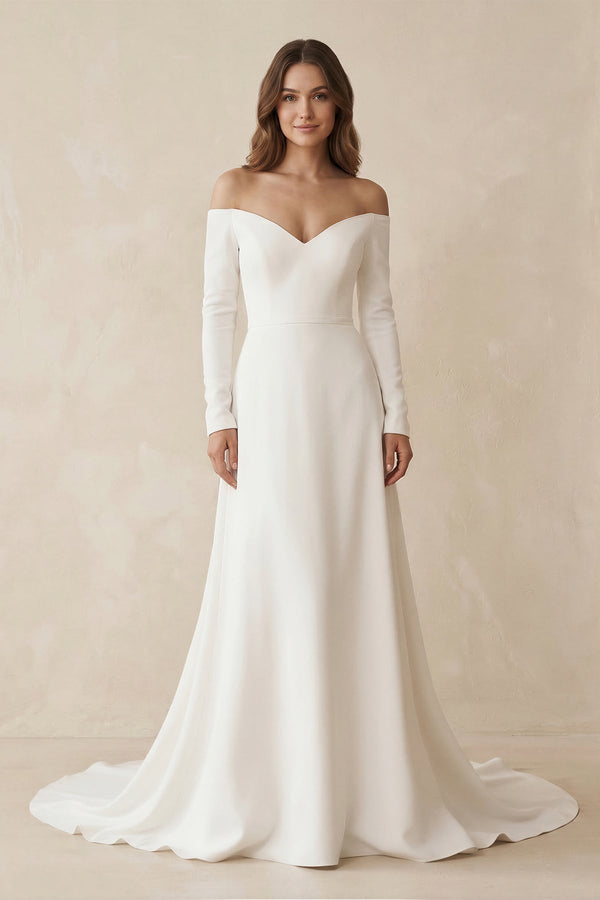 Off - the - Shoulder A - Line Satin Wedding Dress in White - KISS BRIDAL Wedding Dresses