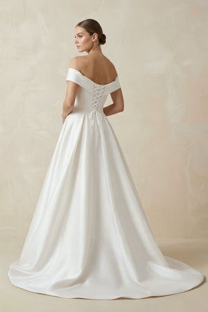 Off - the - shoulder A - Line Satin Wedding Dress - KISS BRIDAL Wedding Dresses