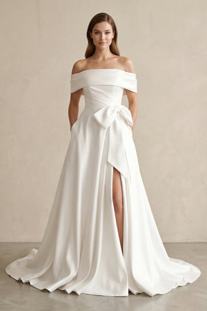 Off - the - Shoulder A - Line Satin Wedding Dress With Bow in White - KISS BRIDAL Wedding Dresses
