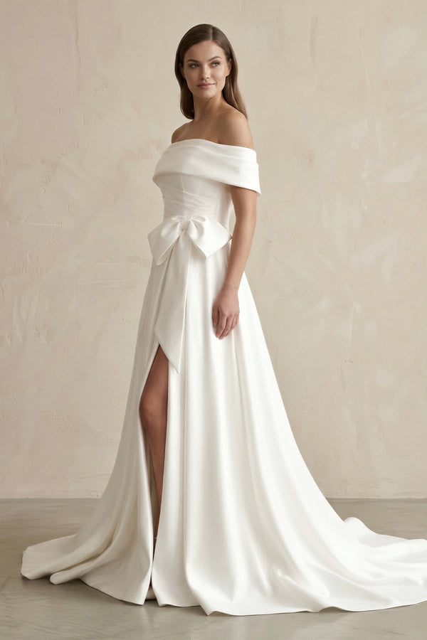 Off - the - Shoulder A - Line Satin Wedding Dress With Bow in White - KISS BRIDAL Wedding Dresses