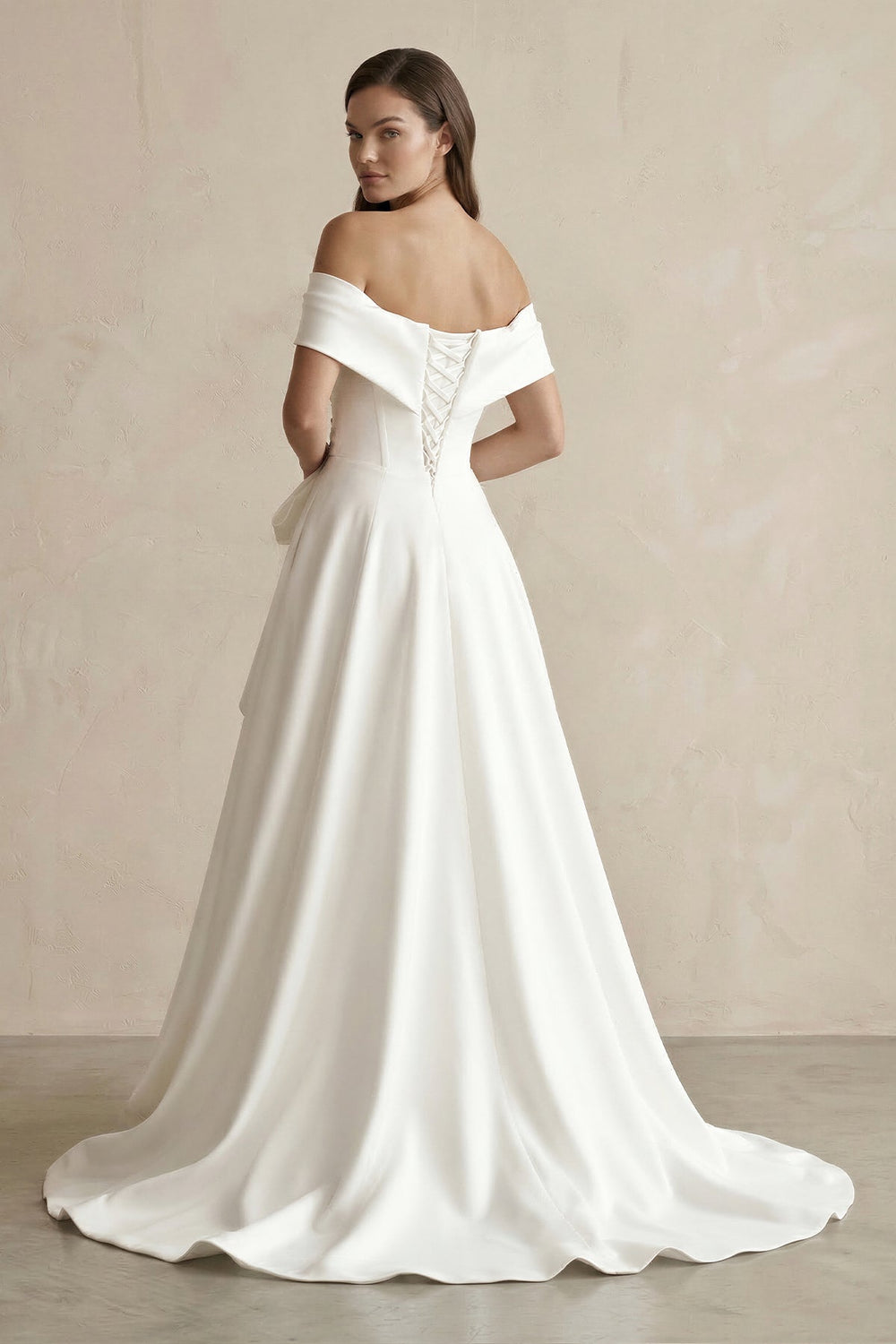 Off-the-Shoulder A-Line Satin Wedding Dress With Bow in White
