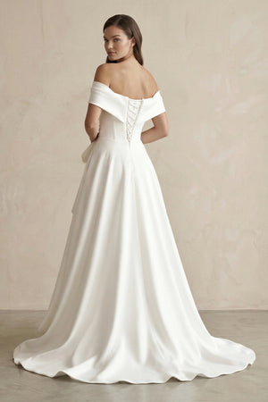 Off - the - Shoulder A - Line Satin Wedding Dress With Bow in White - KISS BRIDAL Wedding Dresses