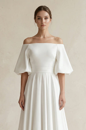 Off - the - Shoulder A - Line Satin Wedding Dress With Short Sleeves in White - KISS BRIDAL Wedding Dresses