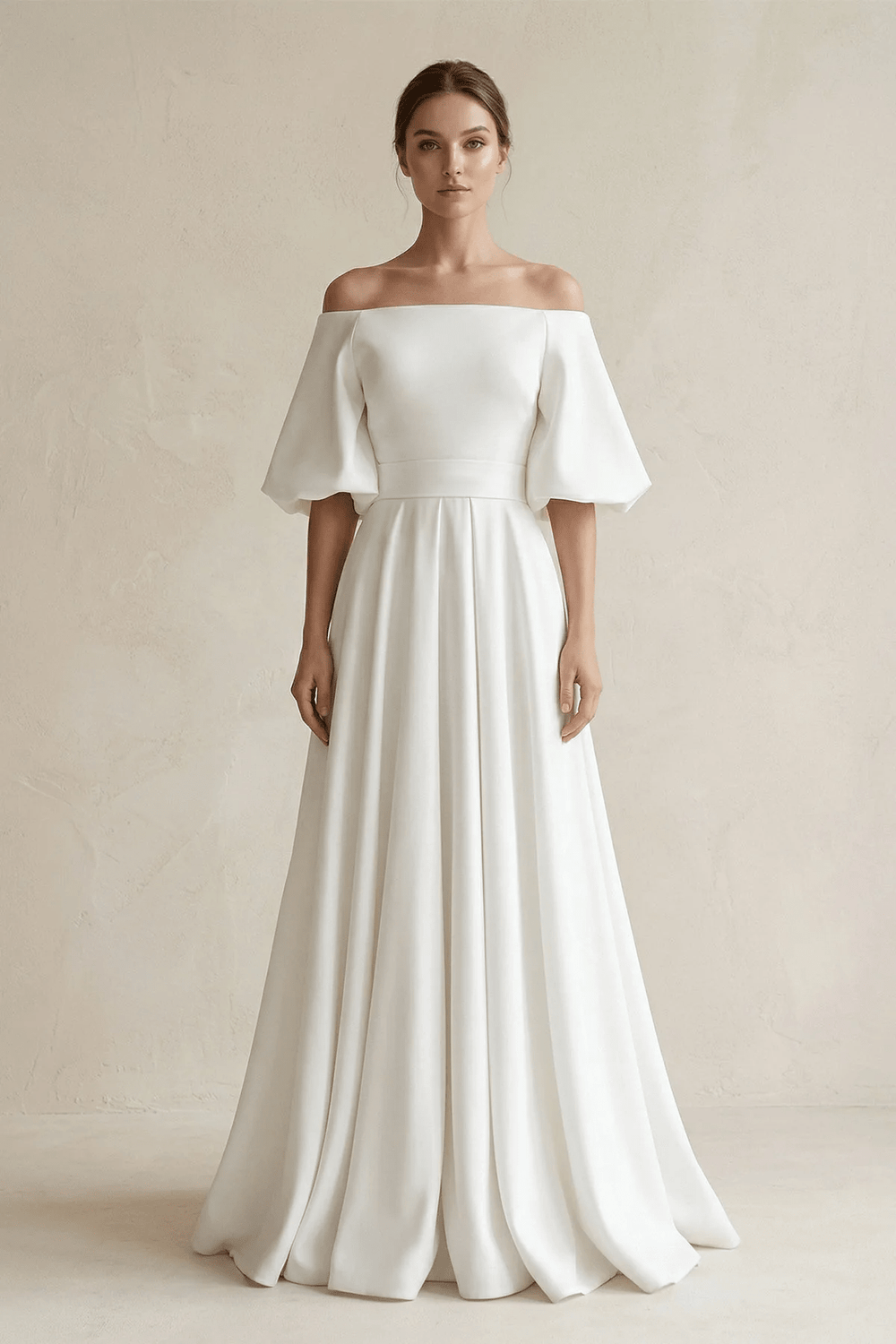 Off-the-Shoulder A-Line Satin Wedding Dress With Short Sleeves in White