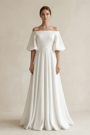 Off - the - Shoulder A - Line Satin Wedding Dress With Short Sleeves in White - KISS BRIDAL Wedding Dresses