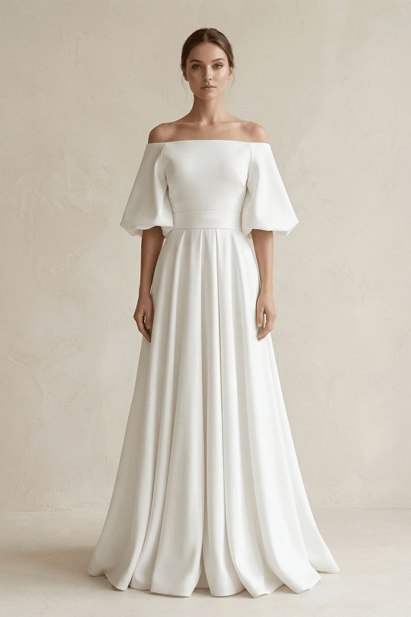 Off - the - Shoulder A - Line Satin Wedding Dress With Short Sleeves in White - KISS BRIDAL Wedding Dresses