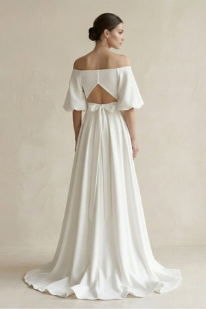 Off - the - Shoulder A - Line Satin Wedding Dress With Short Sleeves in White - KISS BRIDAL Wedding Dresses