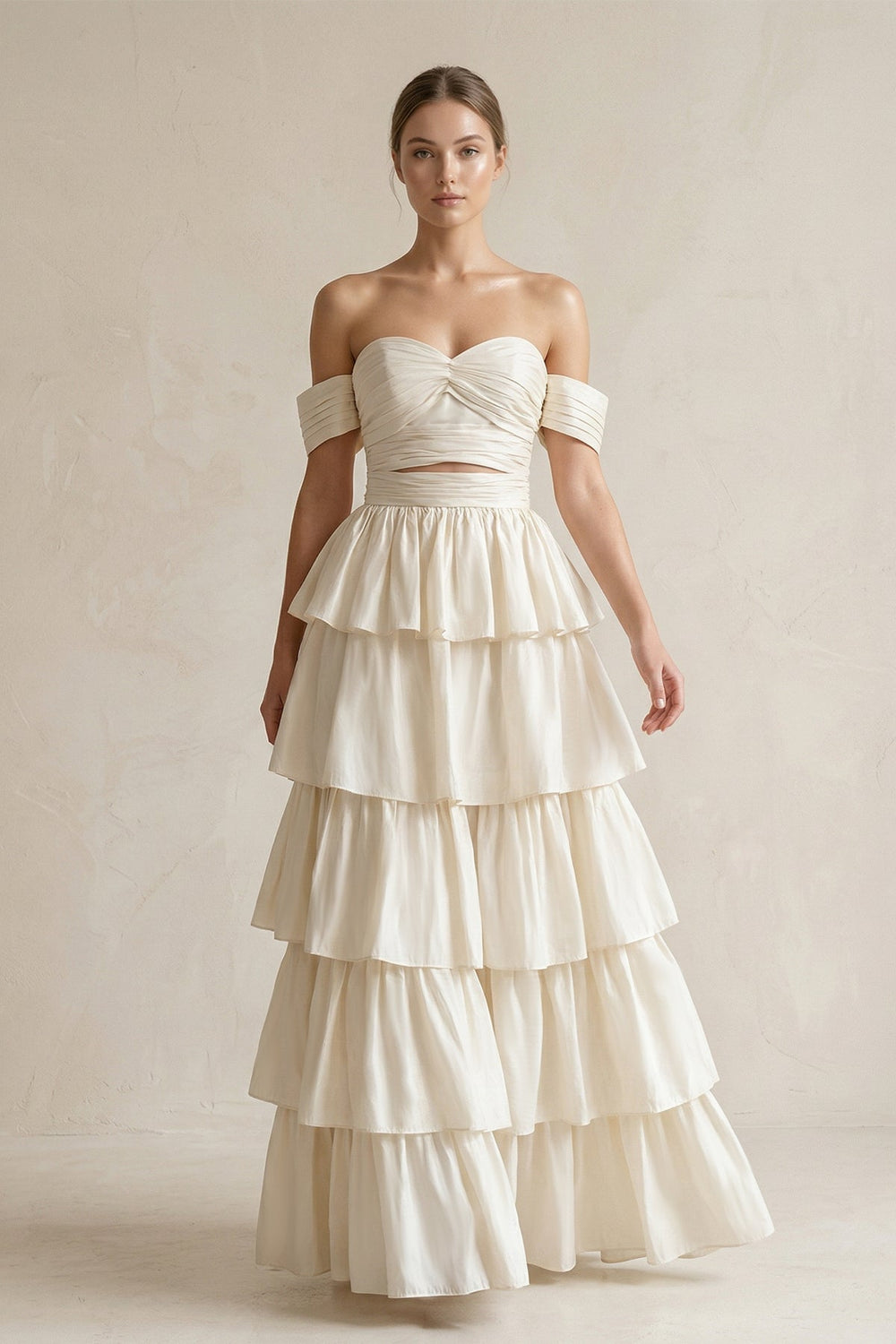 Off-the-Shoulder A-Line Tiered Chiffon Wedding Dress in Ivory
