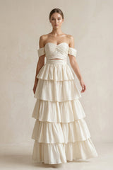 Off - the - Shoulder A - Line Tiered Chiffon Wedding Dress in Ivory - KISS BRIDAL Wedding Dresses