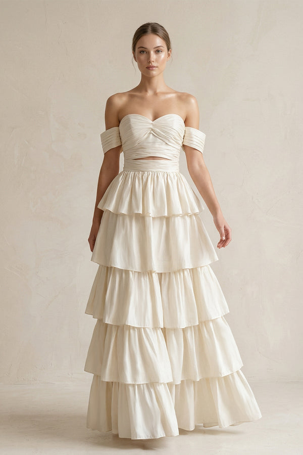 Off - the - Shoulder A - Line Tiered Chiffon Wedding Dress in Ivory - KISS BRIDAL Wedding Dresses