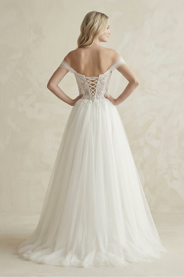 Off - the - Shoulder A - Line Tulle Appliqued Wedding Dress in White - KISS BRIDAL Wedding Dresses