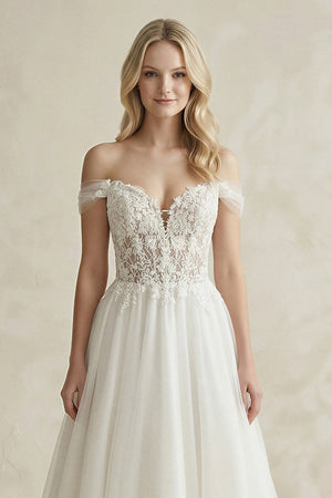 Off - the - Shoulder A - Line Tulle Appliqued Wedding Dress in White - KISS BRIDAL Wedding Dresses