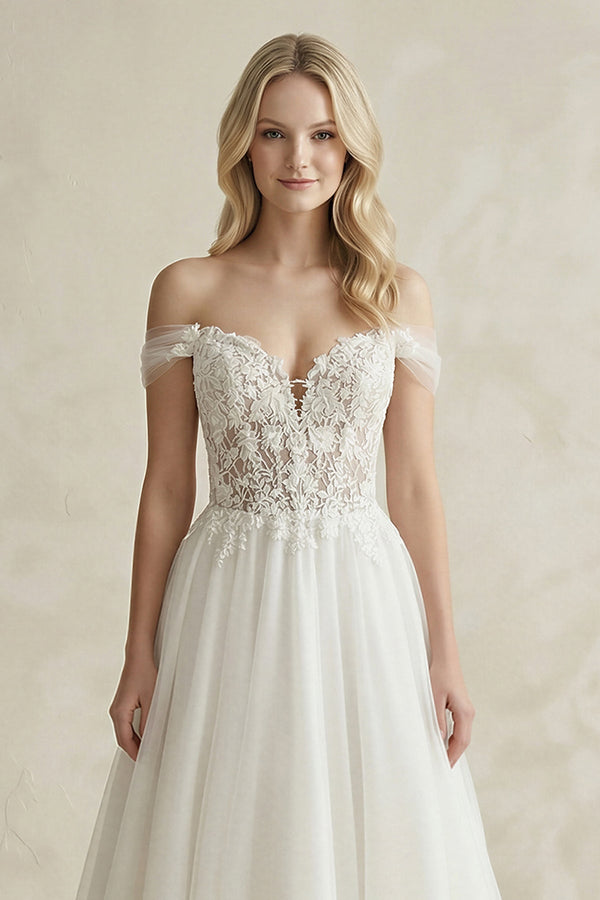 Off - the - Shoulder A - Line Tulle Appliqued Wedding Dress in White - KISS BRIDAL Wedding Dresses