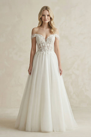 Off - the - Shoulder A - Line Tulle Appliqued Wedding Dress in White - KISS BRIDAL Wedding Dresses