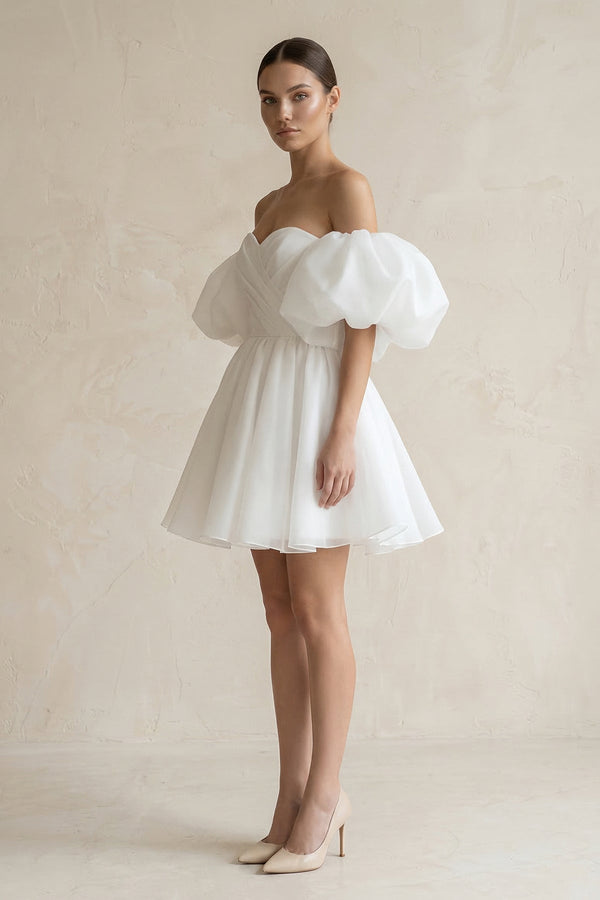 Off - the - Shoulder A - Line Tulle Mini Wedding Dress in White - KISS BRIDAL Wedding Dresses