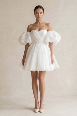 Off - the - Shoulder A - Line Tulle Mini Wedding Dress in White - KISS BRIDAL Wedding Dresses