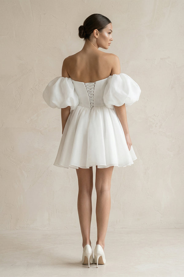 Off - the - Shoulder A - Line Tulle Mini Wedding Dress in White - KISS BRIDAL Wedding Dresses