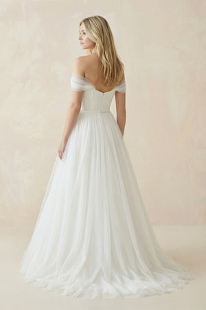 Off - the - Shoulder A - Line Tulle Pleated Wedding Dress in White - KISS BRIDAL Wedding Dresses