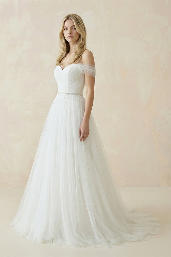 Off - the - Shoulder A - Line Tulle Pleated Wedding Dress in White - KISS BRIDAL Wedding Dresses