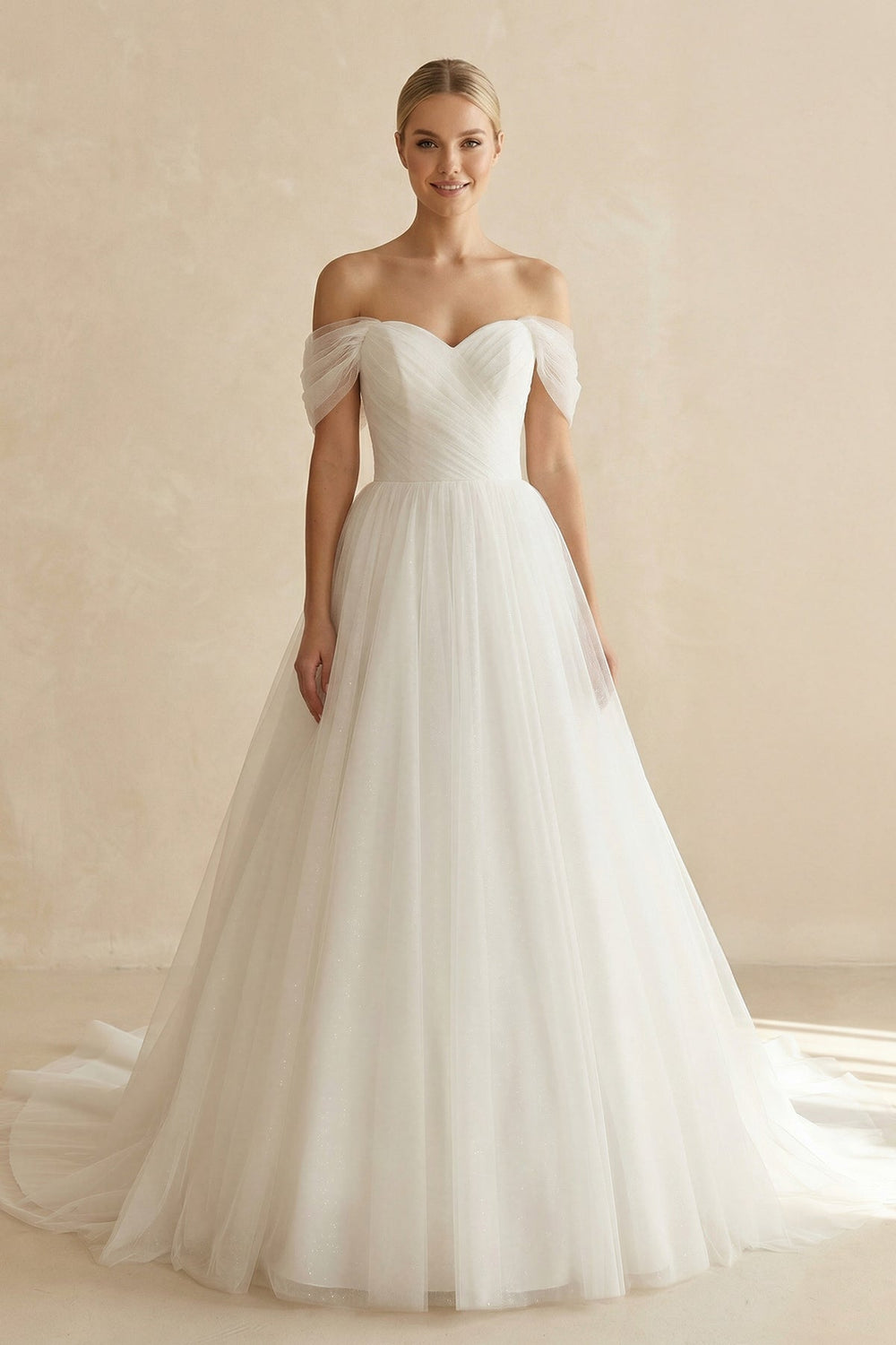 Off-the-Shoulder A-Line Tulle Wedding Dress in White