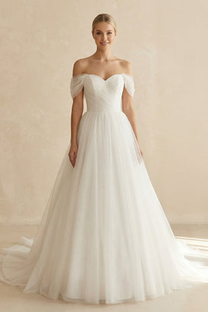 Off - the - Shoulder A - Line Tulle Wedding Dress in White - KISS BRIDAL Wedding Dresses