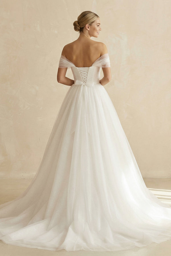Off - the - Shoulder A - Line Tulle Wedding Dress in White - KISS BRIDAL Wedding Dresses