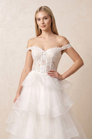 Off The Shoulder A Line Tulle Wedding Dress in White - KISS BRIDAL Wedding Dresses