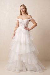 Off The Shoulder A Line Tulle Wedding Dress in White - KISS BRIDAL Wedding Dresses