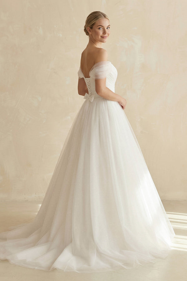 Off - the - Shoulder A - Line Tulle Wedding Dress in White - KISS BRIDAL Wedding Dresses