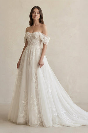 Off The Shoulder A Line Tulle Wedding Dress With Appliques in Ivory - KISS BRIDAL Wedding Dresses