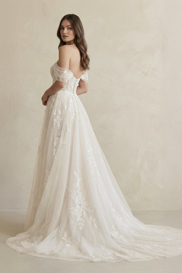 Off The Shoulder A Line Tulle Wedding Dress With Appliques in Ivory - KISS BRIDAL Wedding Dresses