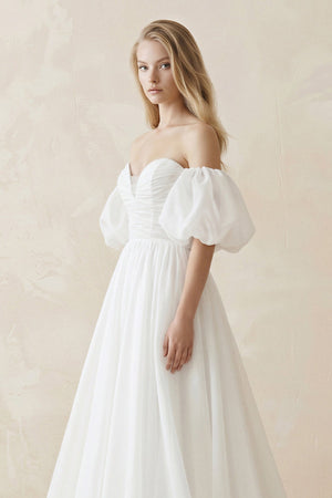 Off - the - Shoulder A - Line Tulle Wedding Dress With Puff Sleeves in White - KISS BRIDAL Wedding Dresses