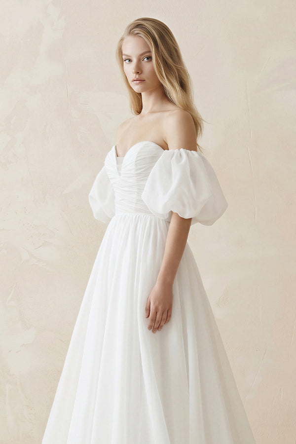 Off - the - Shoulder A - Line Tulle Wedding Dress With Puff Sleeves in White - KISS BRIDAL Wedding Dresses