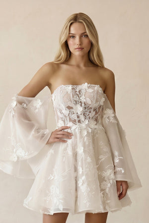 Off - the - Shoulder Appliqued Tulle A - Line Corset Wedding Dress in Ivory - KISS BRIDAL Wedding Dresses