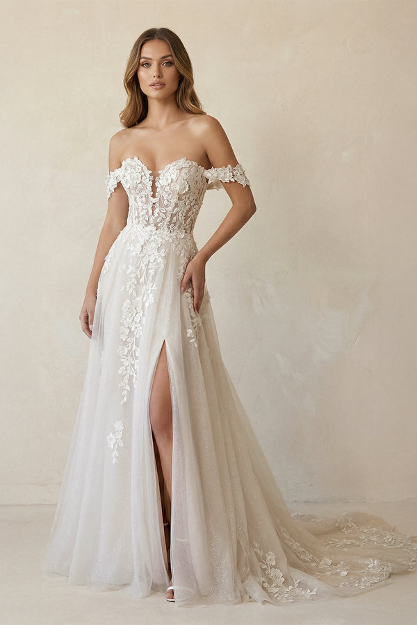 Off The Shoulder Appliqued Wedding Dress With Slit in White and Nude - KISS BRIDAL Wedding Dresses