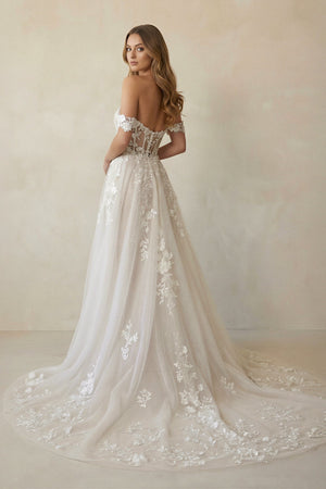 Off The Shoulder Appliqued Wedding Dress With Slit in White and Nude - KISS BRIDAL Wedding Dresses