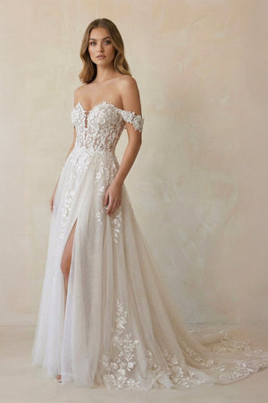 Off The Shoulder Appliqued Wedding Dress With Slit in White and Nude - KISS BRIDAL Wedding Dresses