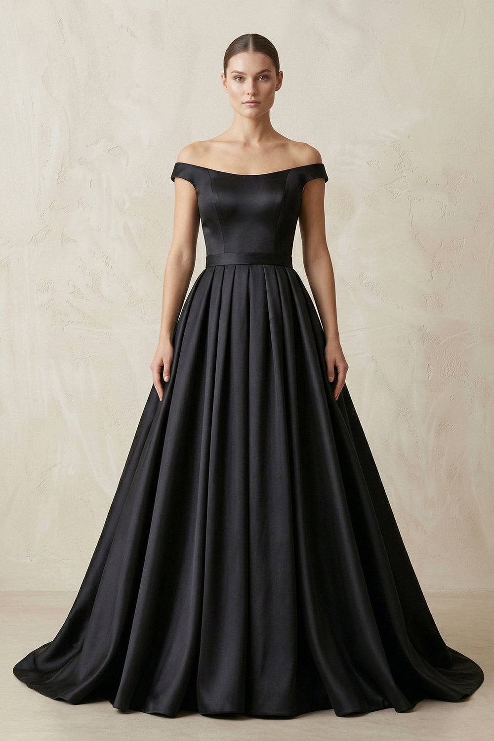 Off-the-Shoulder Boat Neck Satin Ball-Gown Wedding Dress in Black