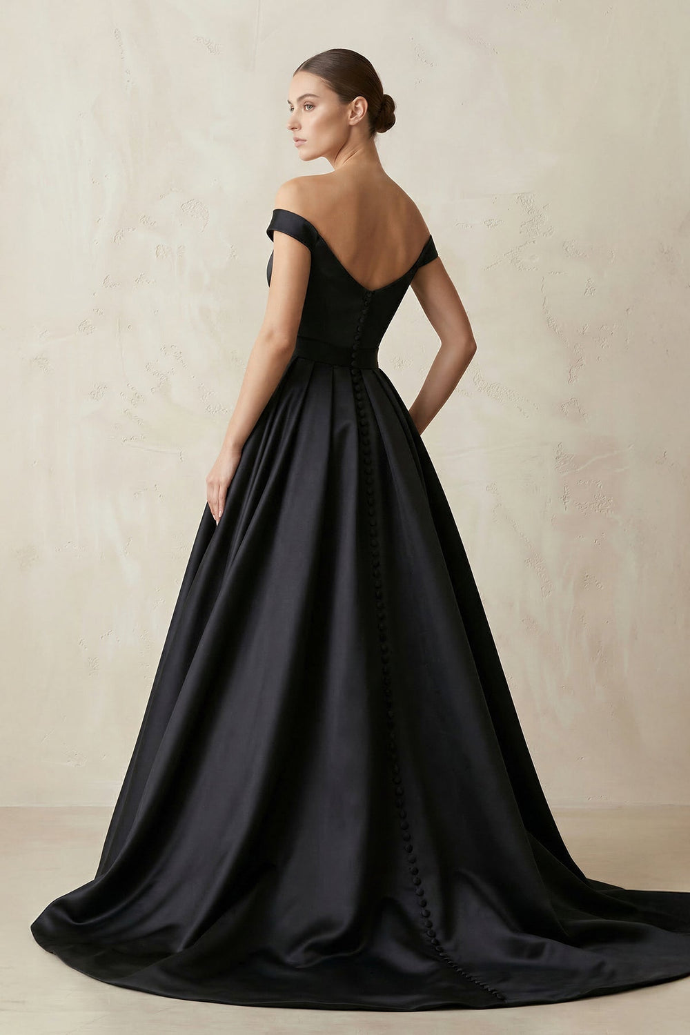 Off-the-Shoulder Boat Neck Satin Ball-Gown Wedding Dress in Black