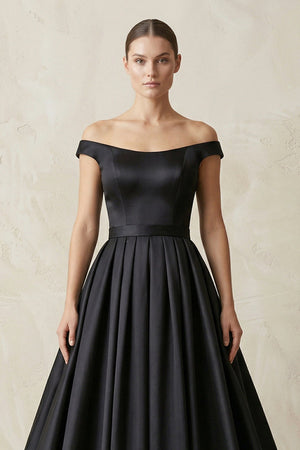 Off - the - Shoulder Boat Neck Satin A - Line Wedding Dress in Black - KISS BRIDAL Wedding Dresses