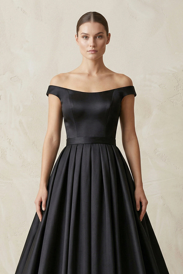 Off - the - Shoulder Boat Neck Satin A - Line Wedding Dress in Black - KISS BRIDAL Wedding Dresses
