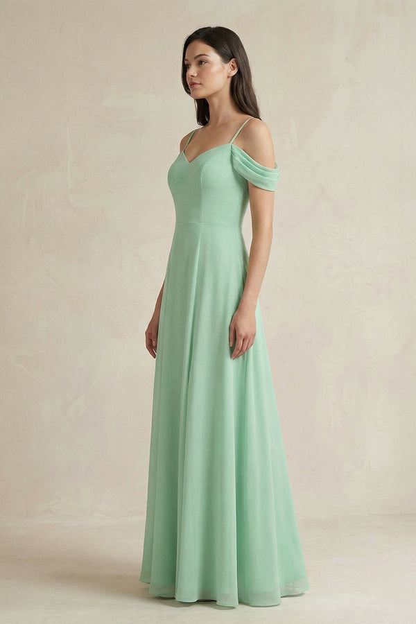 Off-the-Shoulder Chiffon A-Line Bridesmaid Dress in Pale Pistachio - KISS BRIDAL BRIDESMAID DRESSES