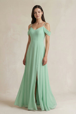 Off-the-Shoulder Chiffon A-Line Bridesmaid Dress in Pale Pistachio - KISS BRIDAL BRIDESMAID DRESSES
