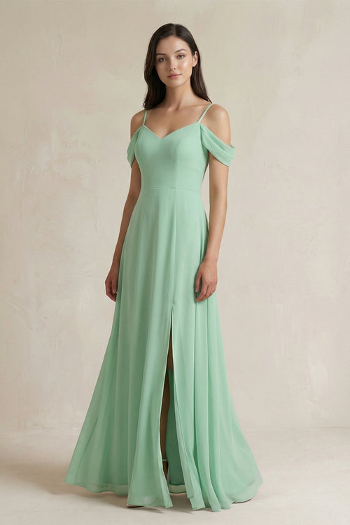 Off-the-Shoulder Chiffon A-Line Bridesmaid Dress in Pale Pistachio - KISS BRIDAL BRIDESMAID DRESSES