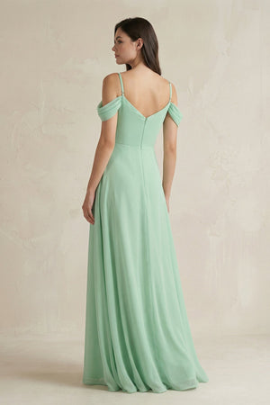 Off-the-Shoulder Chiffon A-Line Bridesmaid Dress in Pale Pistachio - KISS BRIDAL BRIDESMAID DRESSES
