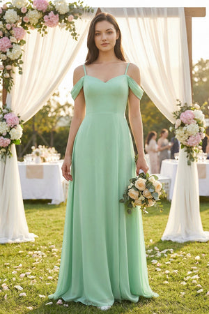 Off-the-Shoulder Chiffon A-Line Bridesmaid Dress in Pale Pistachio - KISS BRIDAL BRIDESMAID DRESSES