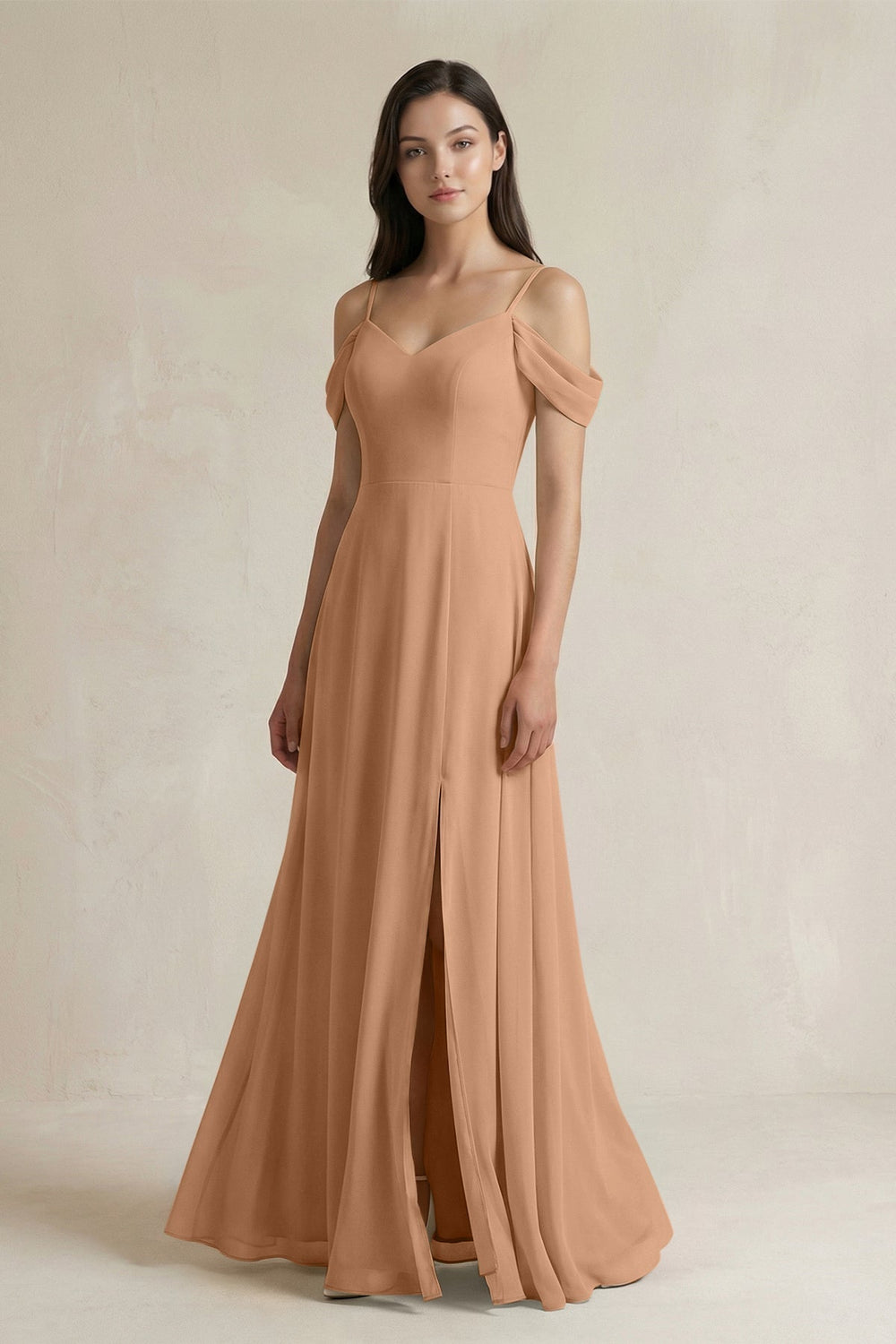 Off-the-Shoulder Chiffon A-Line Bridesmaid Dress in Bronzer