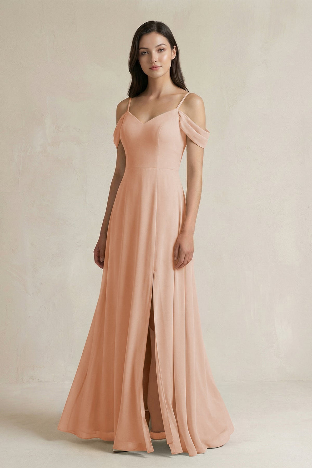 Off-the-Shoulder Chiffon A-Line Bridesmaid Dress in Champagne Rose