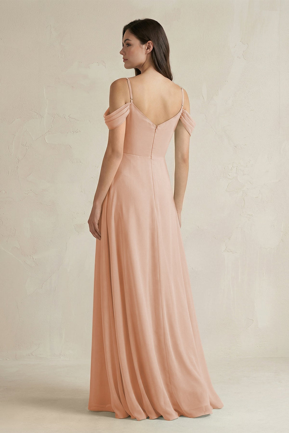 Off-the-Shoulder Chiffon A-Line Bridesmaid Dress in Champagne Rose